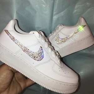 Swarovski Women&#39;s Air Force 1 All White Low Sneakers Blinged Out With Authentic Clear Swarovski Crystals Custom Bling Shoe Gift