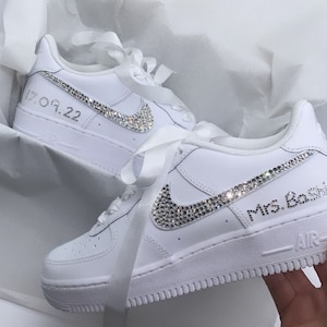 Customised Air Force 1 White Wedding Sneakers //  Blinged out with sparkling crystals, Custom Bling Workout Shoes, Bridal shoes, custom