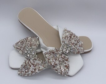 Custom Made to Order Wedding Bridal Bow Slide Sandals with a mixture of Pearls and Crystals