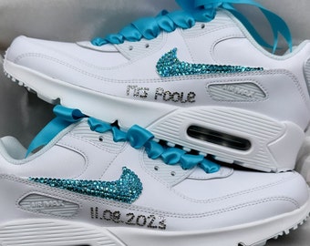 Swarovski Women’s White Air Max 90 // Special love gift, Personalised Bride Shoes, Blinged out with Blue Crystals, Blue Silk ribbon laces