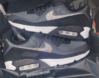 Swarovski Women's Air Max 90 Grey, Black, White Sneakers Blinged Out With Authentic Clear Swarovski Crystals Custom Bling Shoes