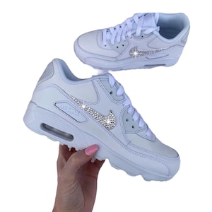 Gifted Swarovski Women&#39;s  Air Max 90 All White Sneakers Blinged Out with Sparkly Clear Swarovski Crystals Custom Bling Shoes