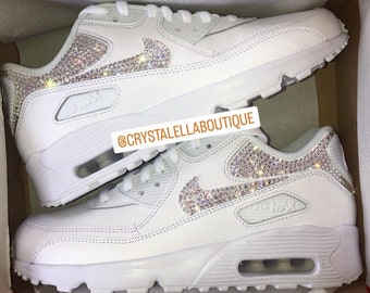 Crystal Women’s Air Max 90 All White Sneakers Blinged out with Authentic Silver Crystals Custom Bling