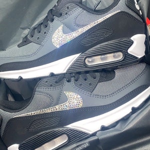 Swarovski Women&#39;s Air Max 90 Grey, Black, White Sneakers Blinged Out With Authentic Clear Swarovski Crystals Custom Bling Shoes