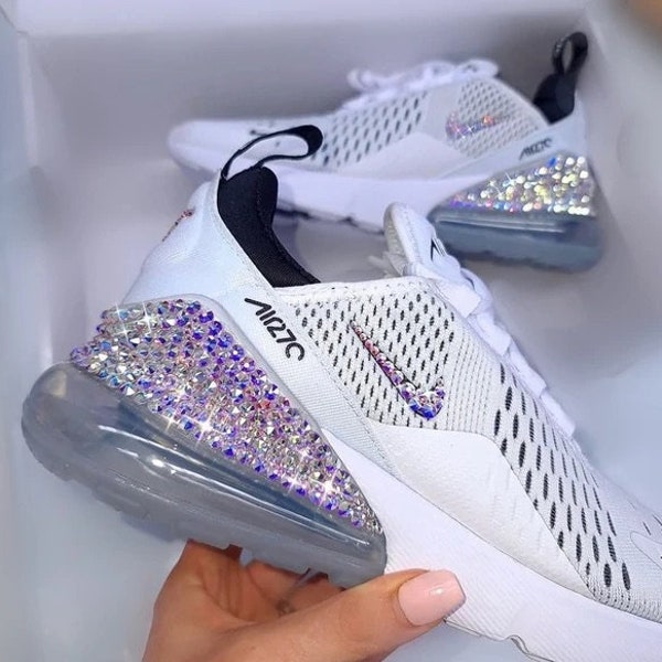 Crystal Bling Women’s Air Max 270 White Sneakers Blinged Out With Authentic AB Crystals Custom Bling Sparkle Sneakers Kicks