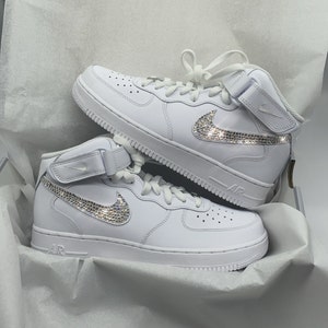 Swarovski Custom Made Air Force 1 Mid Top All White Sneakers Blinged Out With Silver Crystals, Perfect Gym Wear, Gift for a loved one