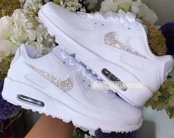 Swarovski Women’s Air Max 90 / Bride sneakers, love gift, blinged out with sparking silver crystals, Comfortable shoes, Silk ribbon laces