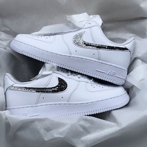 Swarovski Women&#39;s Air Force 1 All White Low Sneakers Blinged Out Ombré Black and Silver Crystals Custom Bling Workout Shoes