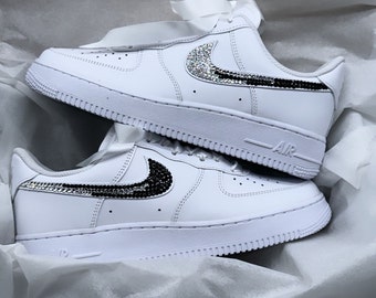 Swarovski Women's Air Force 1 All White Low Sneakers Blinged Out Ombré Black and Silver Crystals Custom Bling Workout Shoes