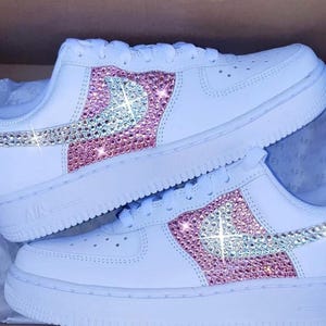 Personalised Air Force 1 White Wedding Sneakers //  Blinged out with sparkling silver and pink crystals, Custom Bling, Bridal shoes