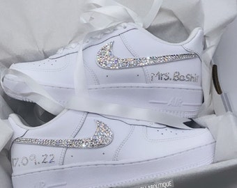 Personalised Air Force 1 White Wedding Sneakers //  Blinged out with sparkling crystals, Custom Bling Workout Shoes