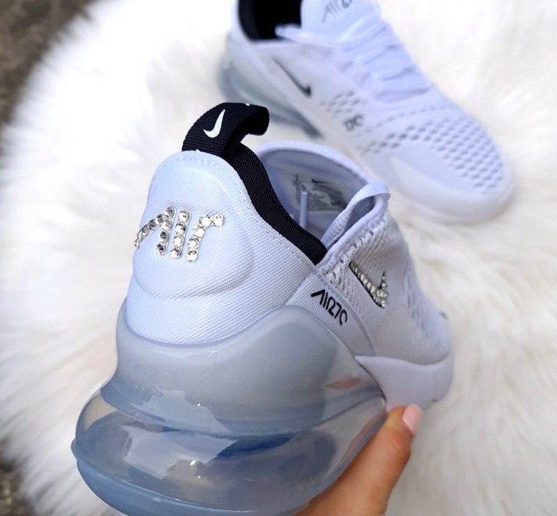 Crystal Bling Womens Air Max 270 White Sneakers Blinged Out With Authentic AB Crystals Custom Bling Sparkle Sneakers Kicks 4 Sides +Logo(Clear)