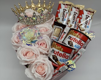 Luxus rosa herzförmige Hut Geschenkkorb Box und künstliche rosa Seide Rosen Kinder, Nutella Schokolade Geschenk Hutschachtel, Süßigkeiten Geschenkkörbe