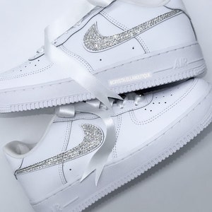 Swarovski Women's Air Force 1 All White Low Sneakers Blinged Out With Authentic Clear Sparkling Crystals Custom Bling Shoe Gift