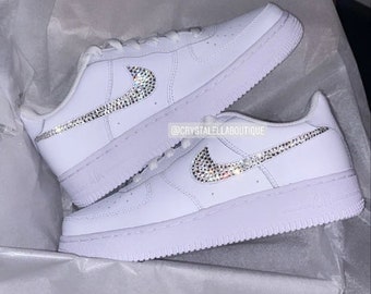 Swarovski Crystal Women's Air Force 1 in White Sneakers Customised With Authentic Clear Silver Sparkling Crystals Personalised Bling Shoes