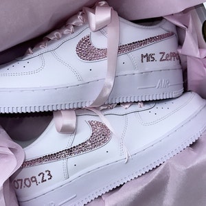 Bridal Swarovski Women&#39;s Air Force 1 in White with Bling Pink Sparkling Crystals Custom Wedding Gift, Bride, Wedding name & date