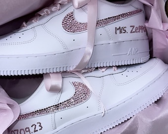 Bridal Swarovski Women's Air Force 1 in White with Bling Pink Sparkling Crystals Custom Wedding Gift, Bride, Wedding name & date