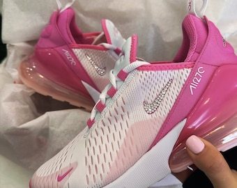 Silver Swarovski Women's Air Max 270's Sneakers in Barbie Pink Blinged Out, Crystals Custom Bling, Shoes, Custom Kicks, Barbie Shoes, Pink,