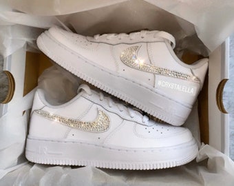 Crystallized Women’s Air Force 1 All White Sneakers Blinged Out With Authentic Silver Crystals Custom Bling Custom Diamond Shoes