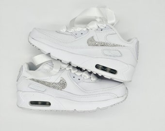 Perfect Gift for my Loved One, Swarovski Crystal Air Max 90's Sneakers, Pretty Gift, Silver with White Silk Ribbon Laces, Gift Wrapped