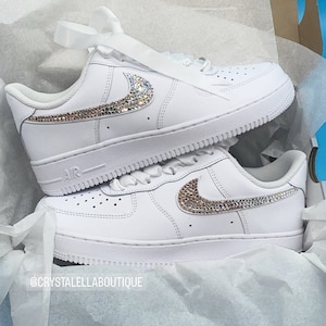 Swarovski Women&#39;s Air Force 1 All White Low Sneakers Blinged Out Ombré Rose Gold and Silver Crystals Custom Bling Workout Shoes