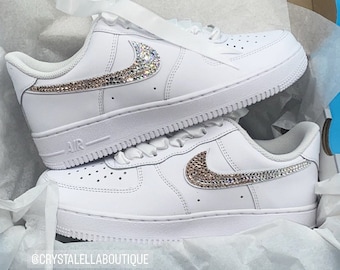 Swarovski Women's Air Force 1 All White Low Sneakers Blinged Out Ombré Rose Gold and Silver Crystals Custom Bling Workout Shoes