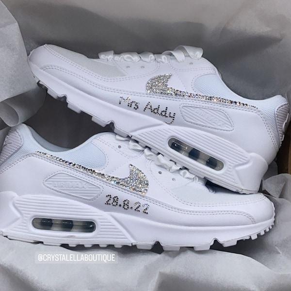 Swarovski Air Max 90 // Custom with your wedding name and date, Blinged out with silver crystals, Comfortable shoes, Silk ribbon laces