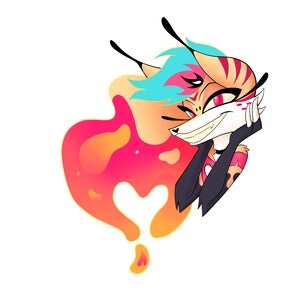 Puede incluir: Una ilustraci&oacute;n de dibujos animados de un zorro con pelo azul turquesa, ojos rojos y una sonrisa traviesa. El zorro lleva un atuendo negro y rojo con un dise&ntilde;o de coraz&oacute;n. El fondo es un coraz&oacute;n rosa y naranja.