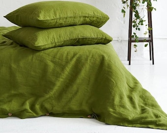 Funda nórdica de lino verde musgo / Funda nórdica de lino lavada en piedra / Ropa de cama lavada en piedra / Edredón de tamaños personalizados con funda de almohada