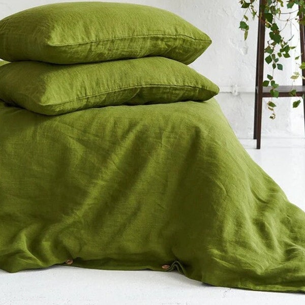 Moss Green Linen Duvet Cover / Stonewashed Linen Duvet Cover / Stone Washed linen bedding / Custom sizes duvet With Pillow Cover