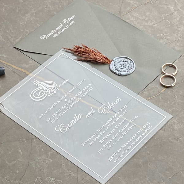 Gray Envelopes and Silver Print Acrylic Wedding Invitation, Quinceanera Invite Gray Wax Seal with dried Flower, Unique Wedding Invitation