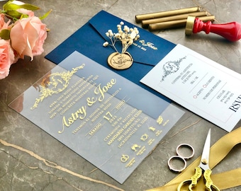 Navy Blue Acrylic Wedding Invitation, Elegant Custom Design