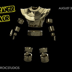 May include: Gold Ranger Armor 3D printed model, separated into individual pieces. The pieces are gold colored and include the chest, shoulders, arms, legs, and belt.
