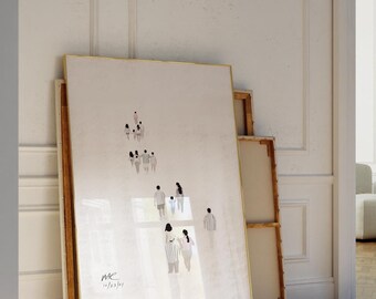 May include: A large framed art print featuring a minimalist illustration of people. The artwork is primarily white with figures in black and white. The frame is gold, and the artwork is leaning against a wall.