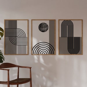 Mid Century Modern, Set of 3 Prints, Brown and Black Gallery Wall Art, Abstract Geometric Print, Boho Poster, Digital, Instant Download Art