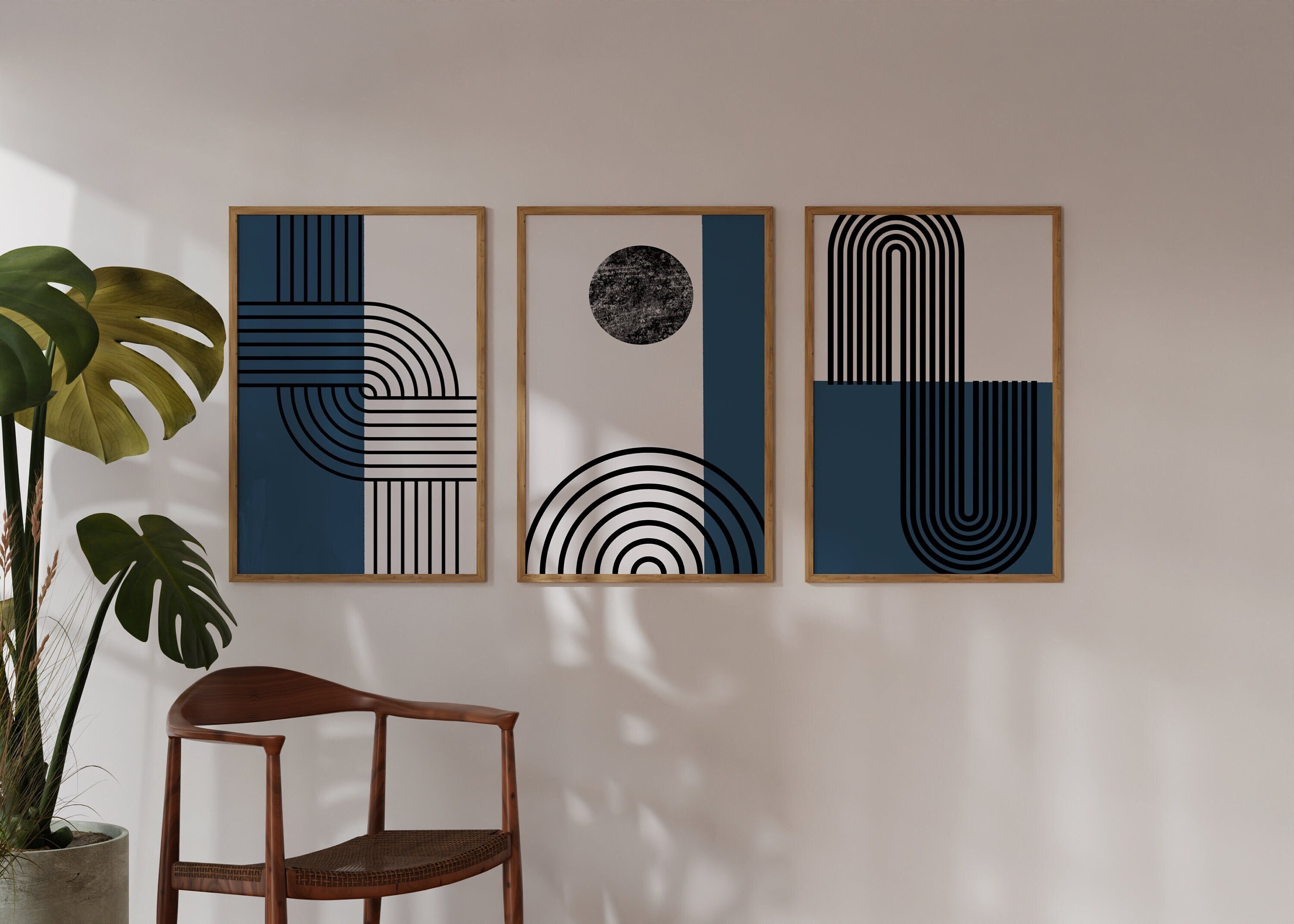Mid Century 3 Set Art Prints, Set of 3 Digital Painting, Blue and Black ...