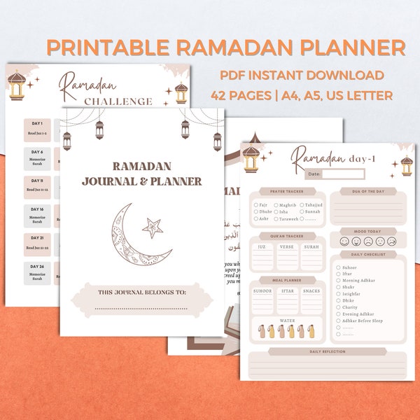 Ramadan Journal and Planner | Prayer, Fasting, and Zakat Tracker | Surah Checklist | A4, A5, US letter Digital PDF Print | Neutral Colors.