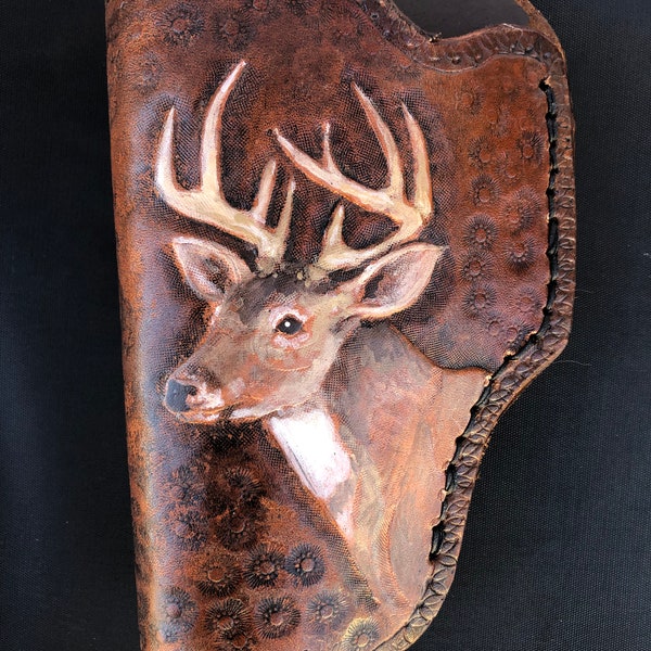 Big Buck Whitetail Deer, LH, 1911 Leather Gun Holster for Standard Semi-Auto Pistol, 4-Inch Barrel. Walnut brown vegetable tanned leather.