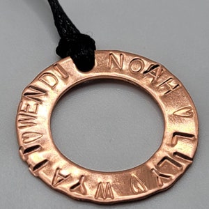 Copper necklace with names of children, grandchildren, in memory of or special dates (rough look) www.KnabCustomDesigns.com