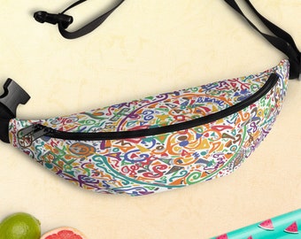 OWO - White Fanny Pack - Handmade Graffiti Art with ancient African Style Tag - Chop Money, Coachella, Conscious Daily Essentials