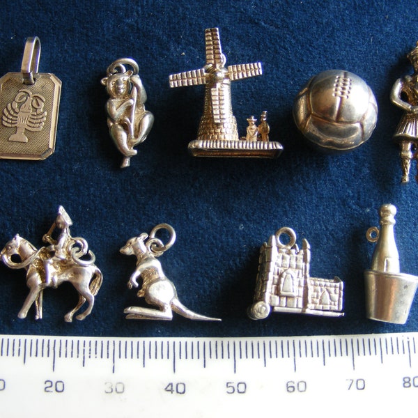 H) Vintage Sterling Silver Charm Charms Scorpion WIndmill Football Scottish Bagpiper Queens Guard Kangaroo  Church opens Champagne