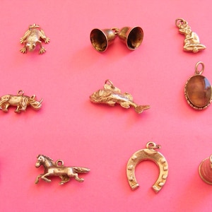 May include: A collection of ten silver-toned metal charms including a frog, two bells, a seated figure, a rhinoceros, a fish, an oval brown stone pendant, a boot, a horse, a horseshoe, and a thimble, all featuring small loops for attachment.