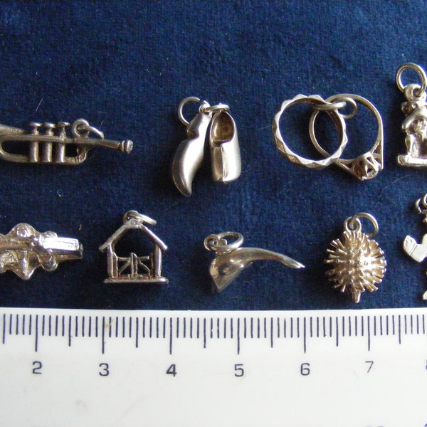 A) Vintage Sterling Silver Charm -   Monkey, London Tower Bridge, Lych gate, Dolphin, Policeman