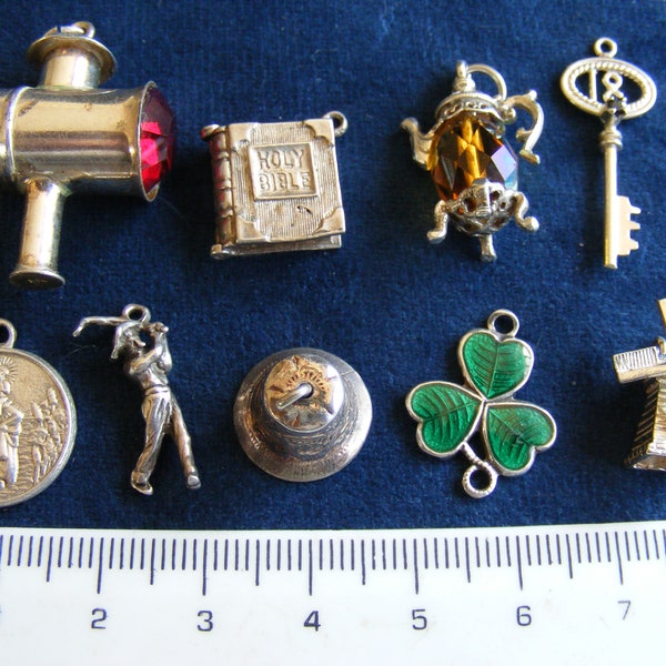 G) Vintage Sterling Silver Charms Lantern, 18th key, Golfer, Bell, Nuvo Windmill