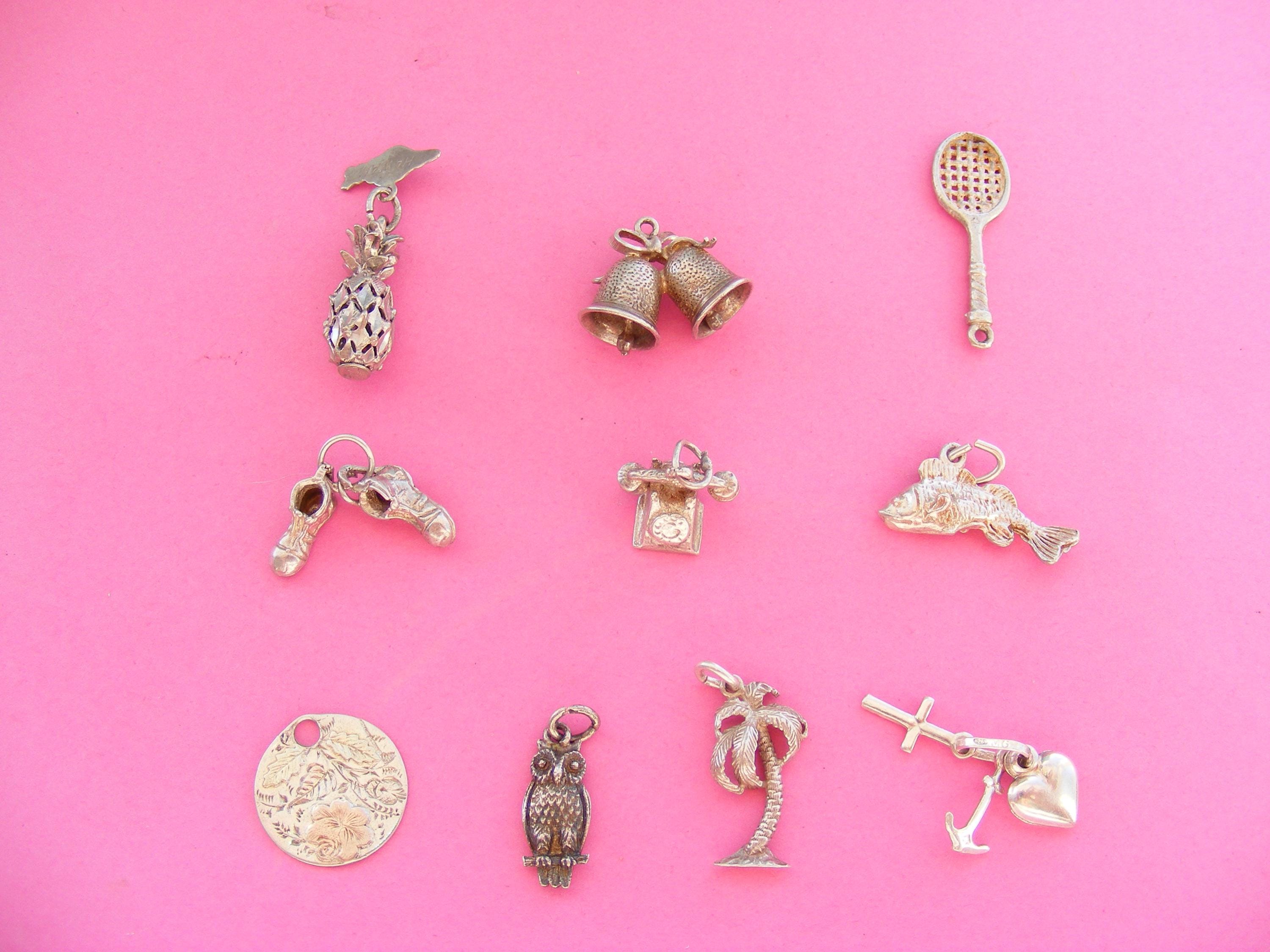 Vintage Sterling Silver Charms: Pineapple Bells Owl Palm Tree Fish Telephone  (N)