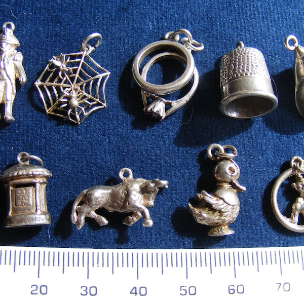 L) Vintage Sterling Silver Charm Charms Nelson, Rings, Thimble, Shell, Postbox, Cornish Pixie