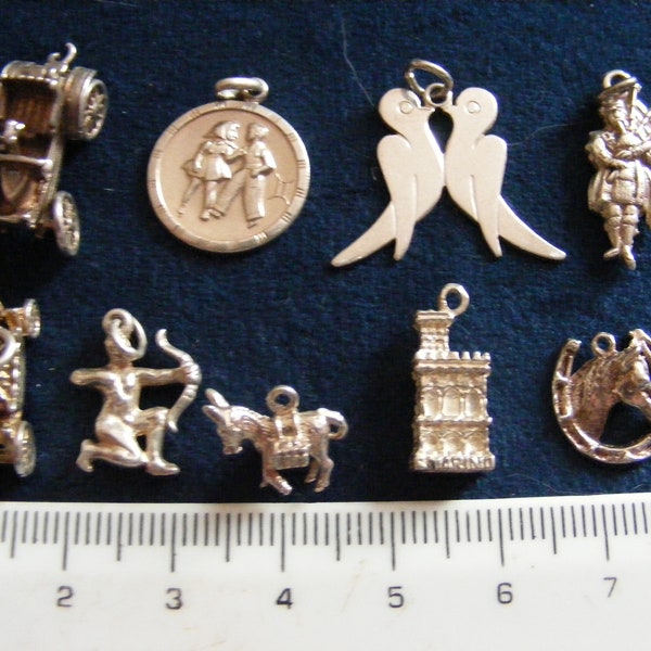 N) Vintage Sterling Silver Charm Motor car Gemini Twins Love Birds Scottish Bagpipes Carriage Sagattarius Donkey Castle Tower Horse