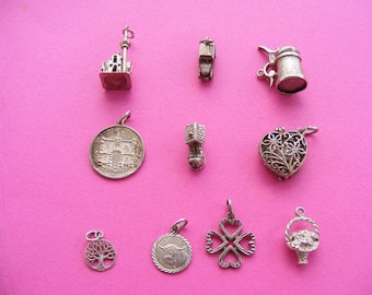 Vintage Sterling Silver Charms: Boot Taxi Shamrock Flowers Tankard (Q)