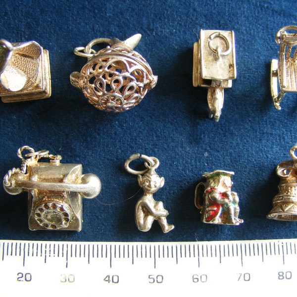 D) Vintage Sterling Silver Charm Charms Gramophone Jug opens Horse & Carriage Rocking Chair Dutch Clog CHIM Telephone Toby Jug Bells