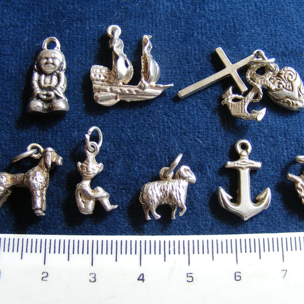 A) Vintage Sterling Silver Charm Charms Peru Icon, Ship, Faith Hope Charity, Poodle Dog, Cornish Pixie, Aries Ram, Anchor, Scottish Thistle